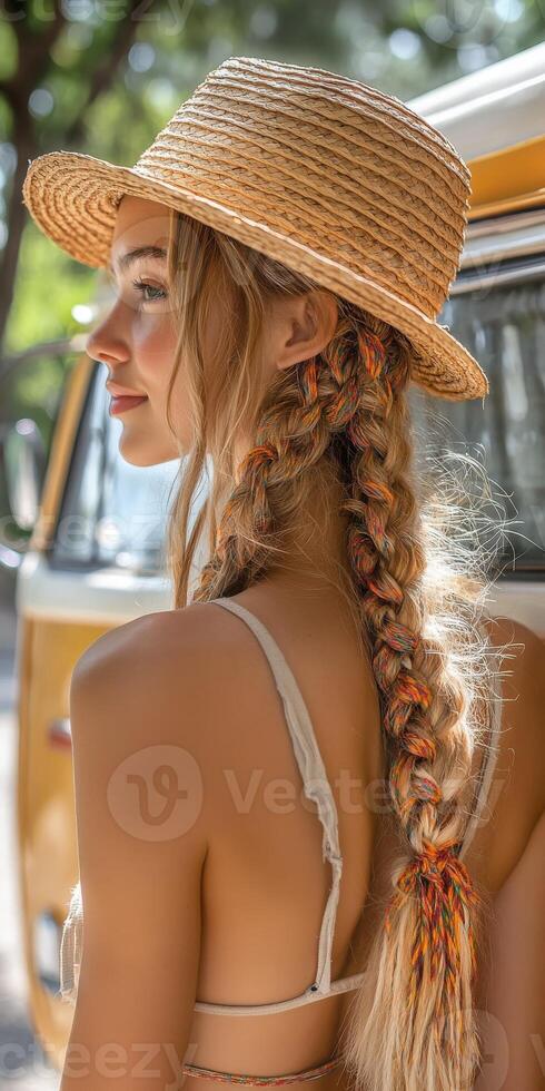 Boho braids and sunhat by a vintage van photo