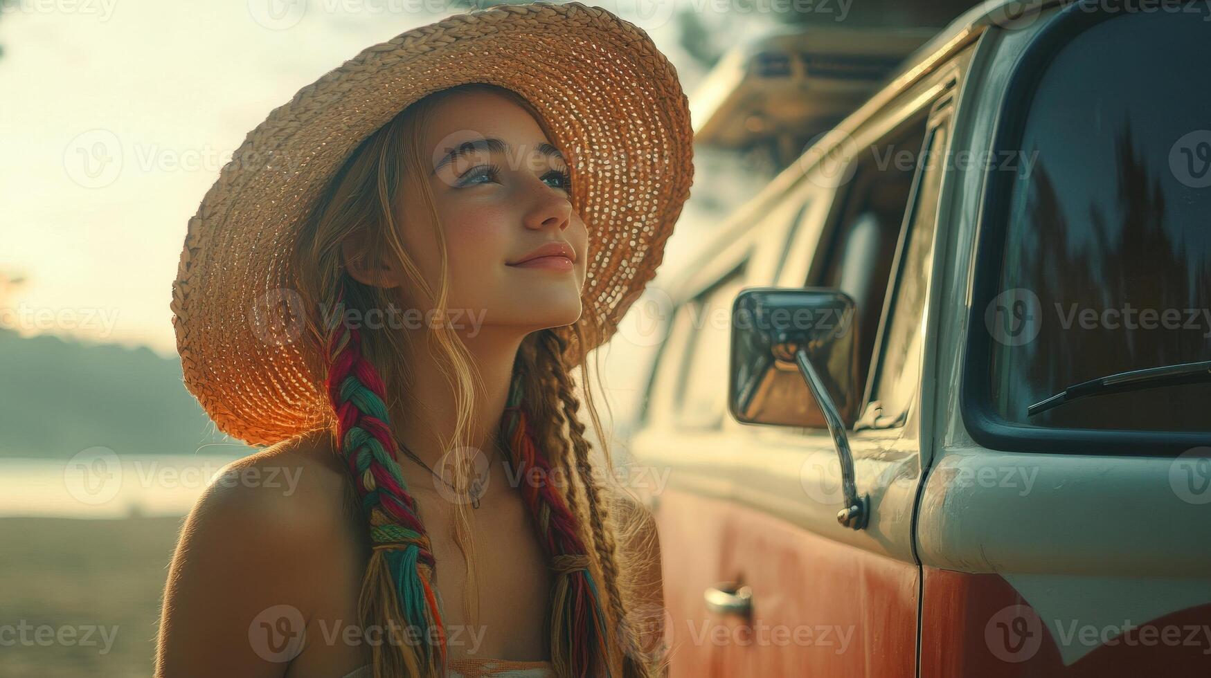 Boho braids and vintage van by the lake at sunset photo