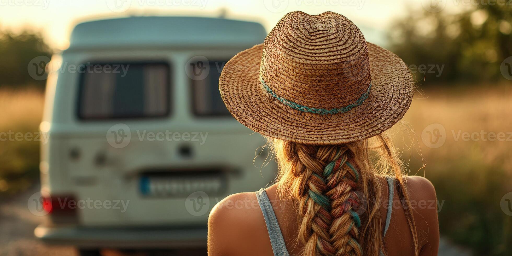 Stylish boho braids and vintage van in nature photo