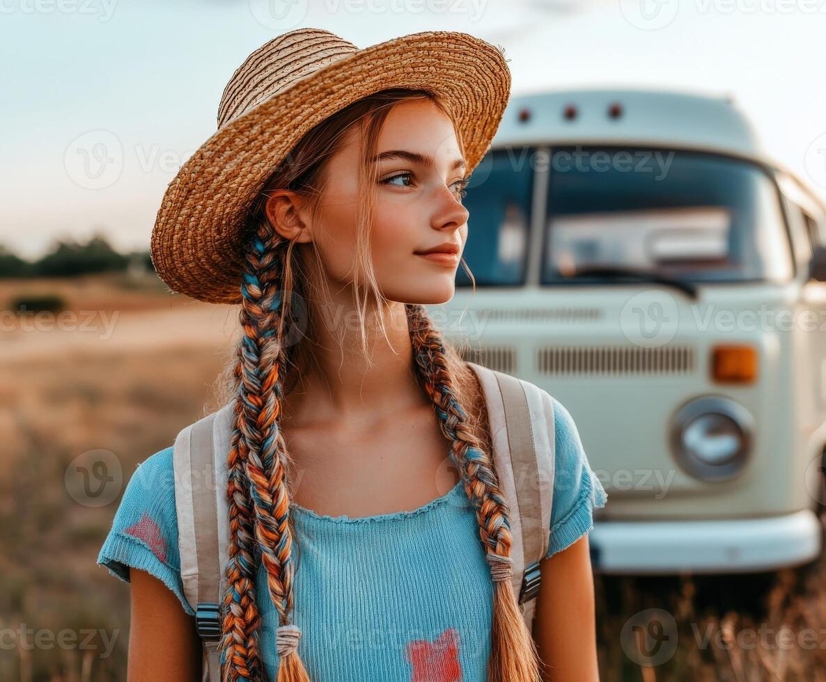 Boho braids with a vintage van in a scenic landscape photo