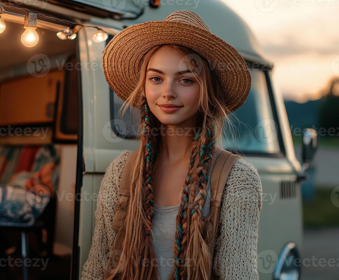 Boho braids and vintage vibes combine at sunset photo