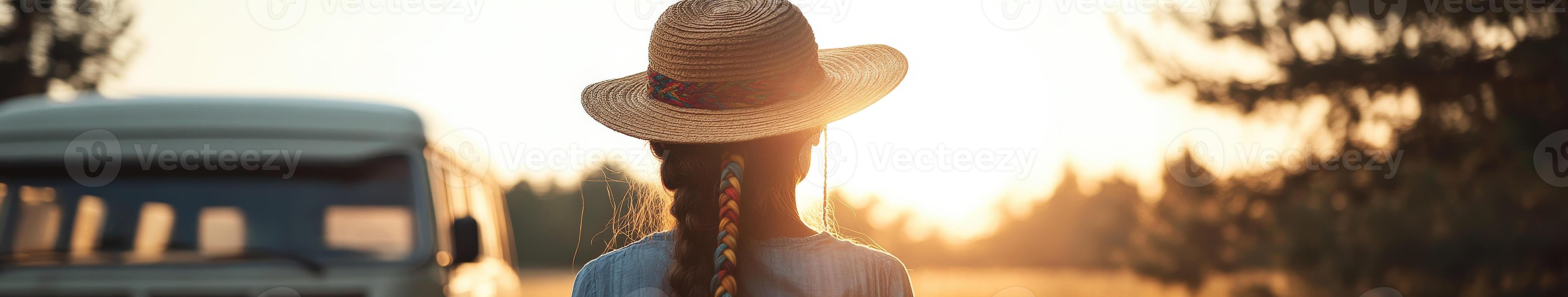 Enjoying sunset with boho braids and a hat photo