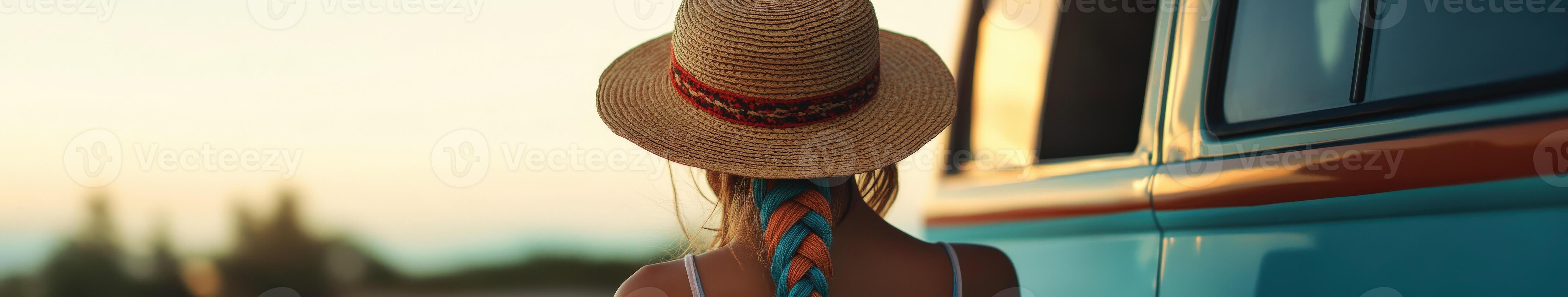 Boho braids shine under sunset near vintage van photo