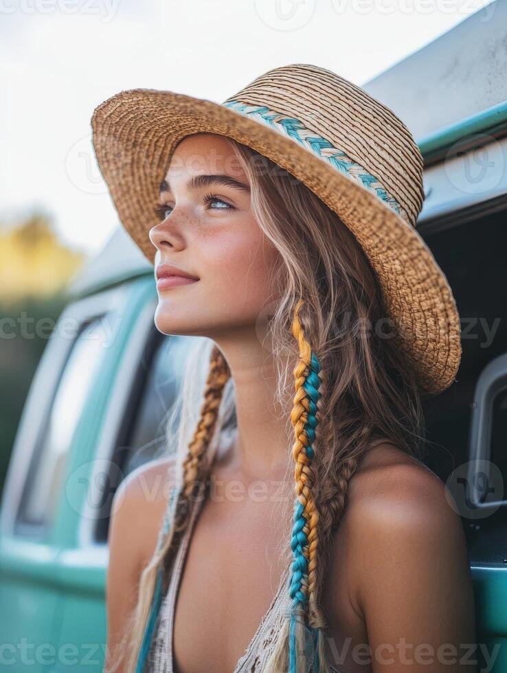 Beautiful boho braids and a straw hat in nature photo