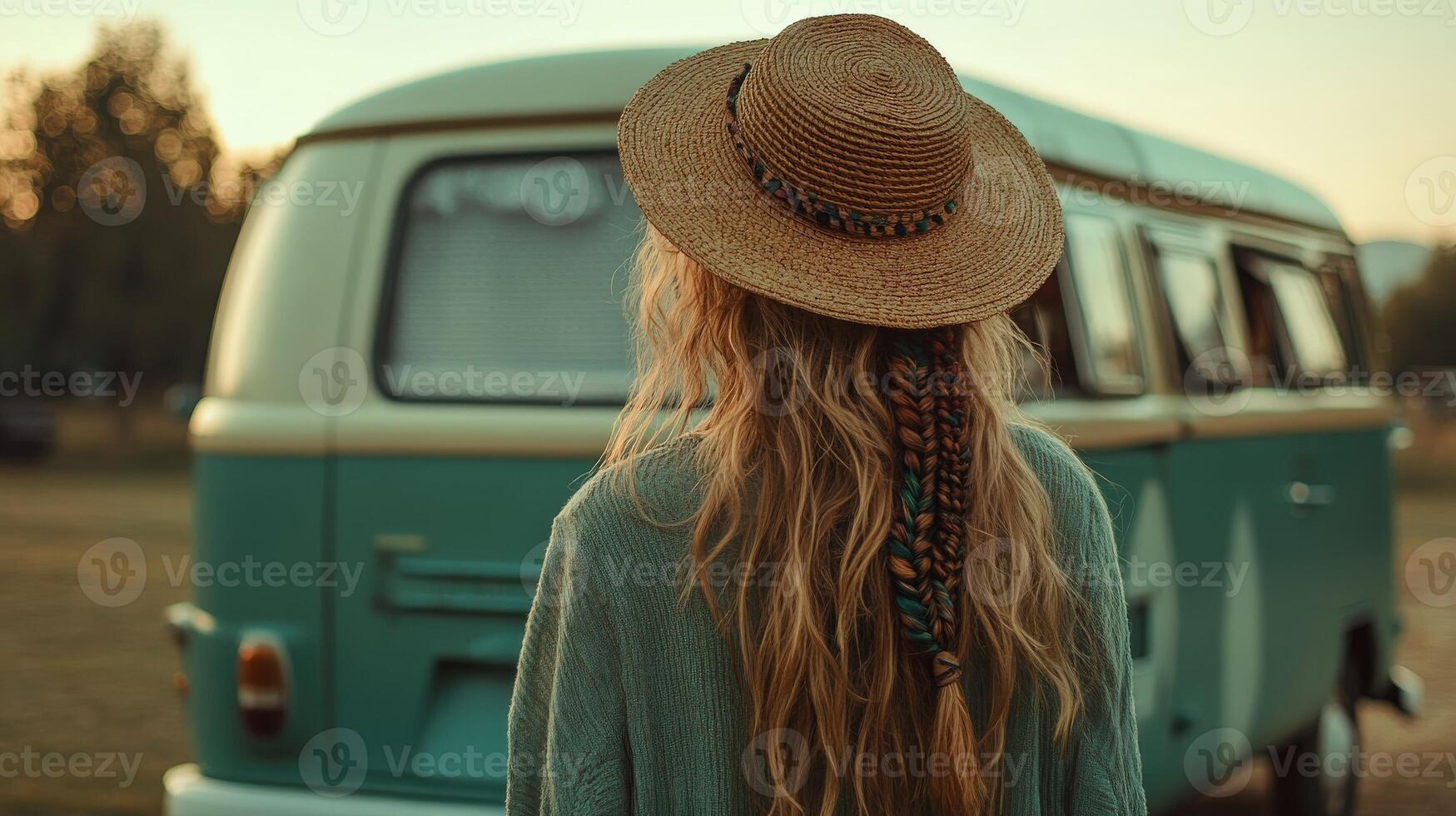 Boho braids and vintage van at sunset in nature photo