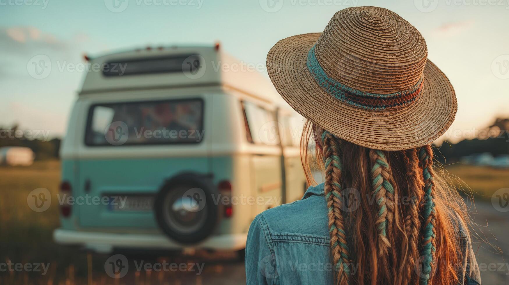 Boho braids and a vintage van at sunset in the countryside photo