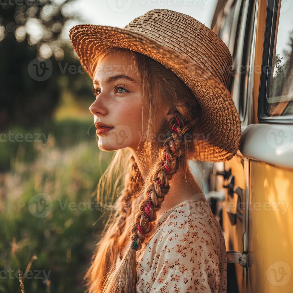 Boho braids and vintage vibes in golden sunset glow photo