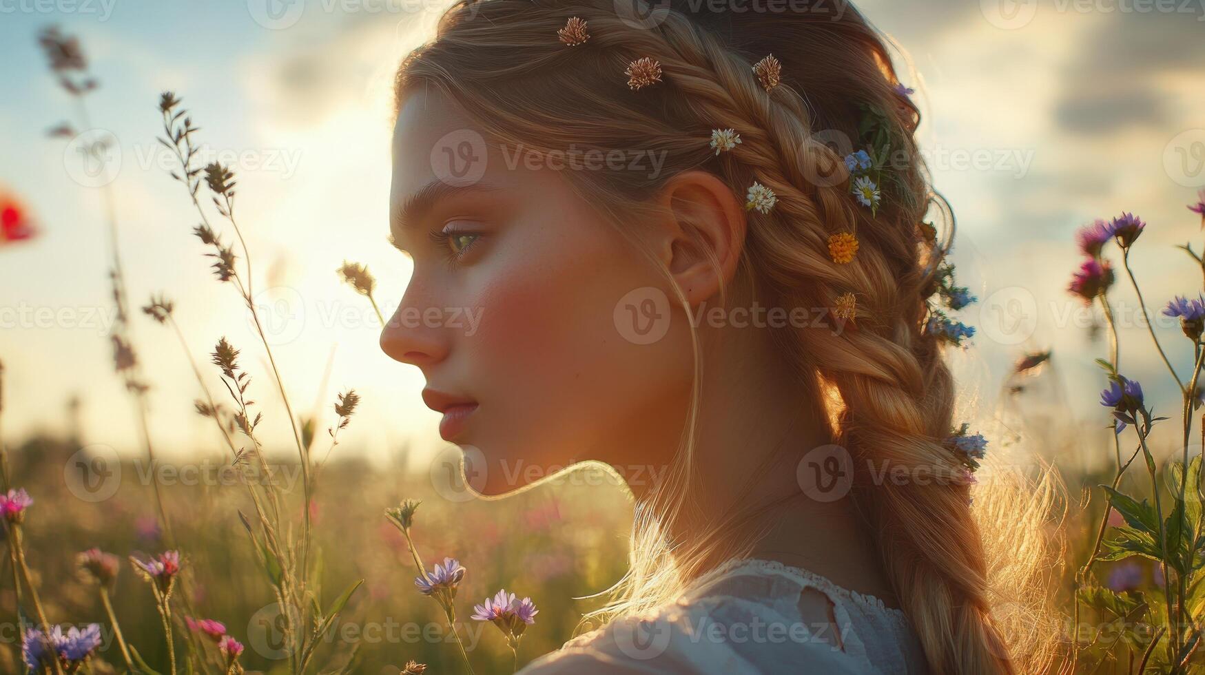 Boho braids in a flower field during golden hour photo