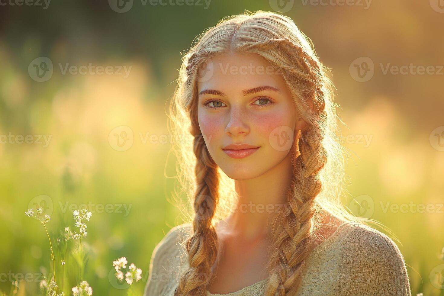 Beautiful boho braids in a warm golden hour setting photo
