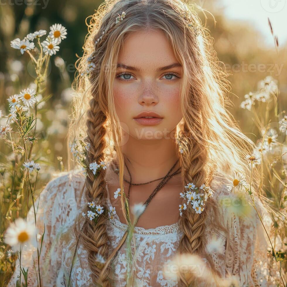 Boho braids with daisies in a sunlit field photo