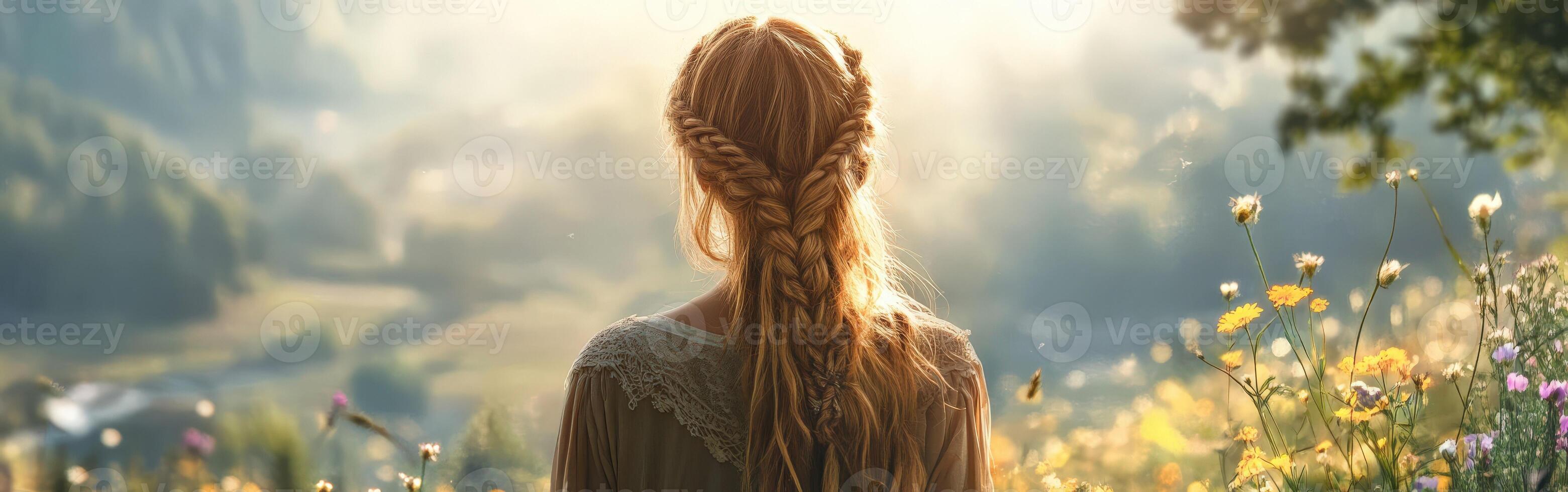 Boho braids enhance serene outdoor setting at dawn photo