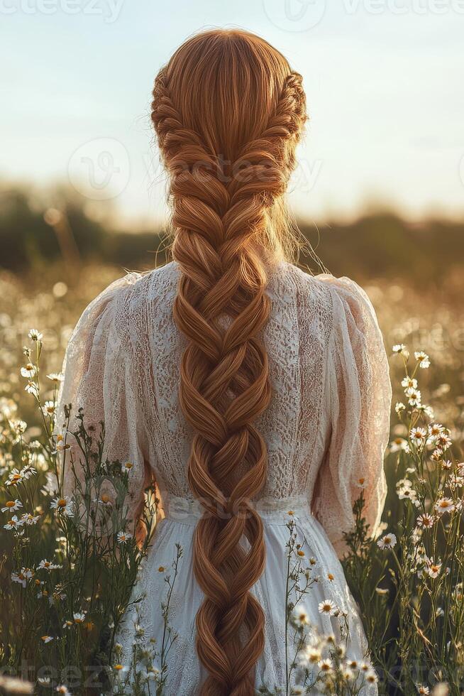 Elegant boho braids in a sunlit field of flowers photo