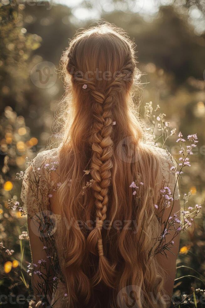Boho braids enhance natural beauty in a sunny field photo