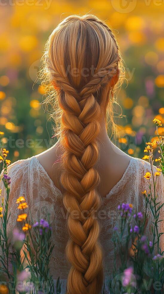Beautiful boho braids in a floral field at sunset photo