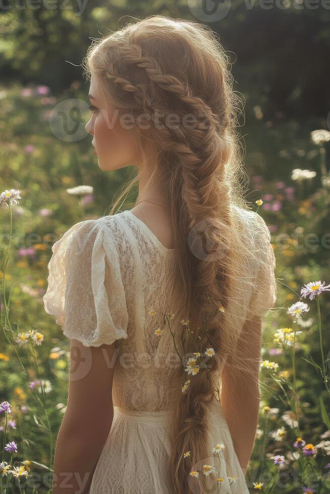 Boho braids complementing a floral meadow in sunlight photo