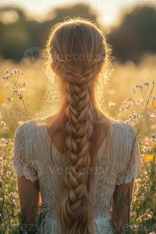 Beautiful boho braids in a golden flower field photo