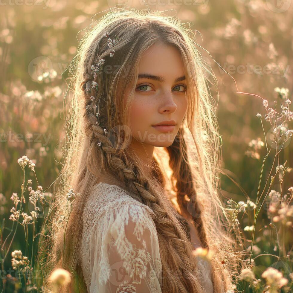Boho braids in a sunlit field during golden hour photo