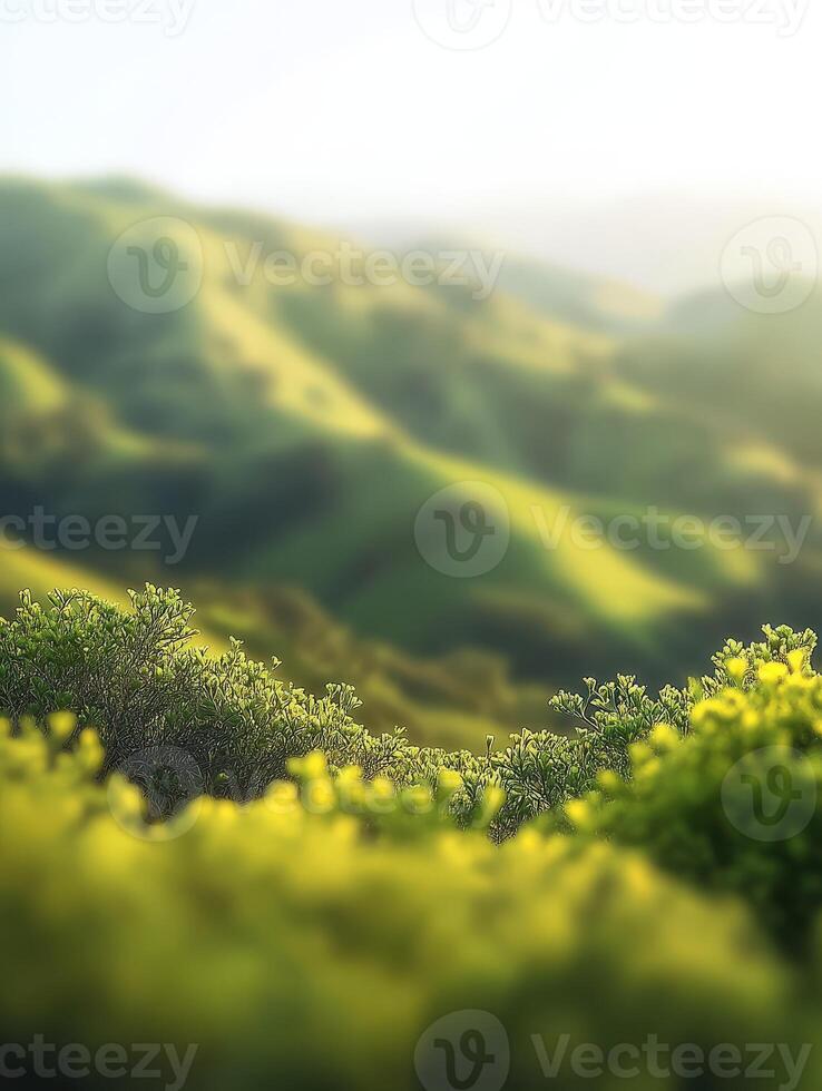 Lush green hills under soft sunlight in a serene landscape photo