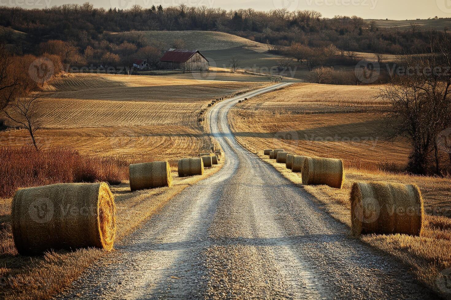 Rolling hills and hay bales on a quiet rural road photo