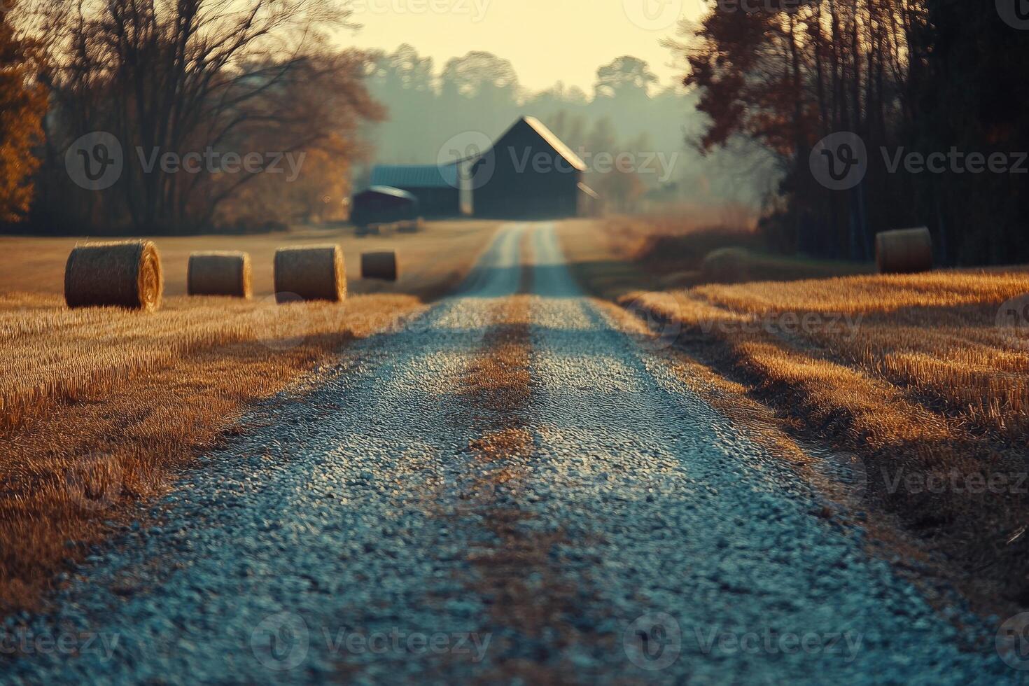 Country road leading to a barn at sunset photo