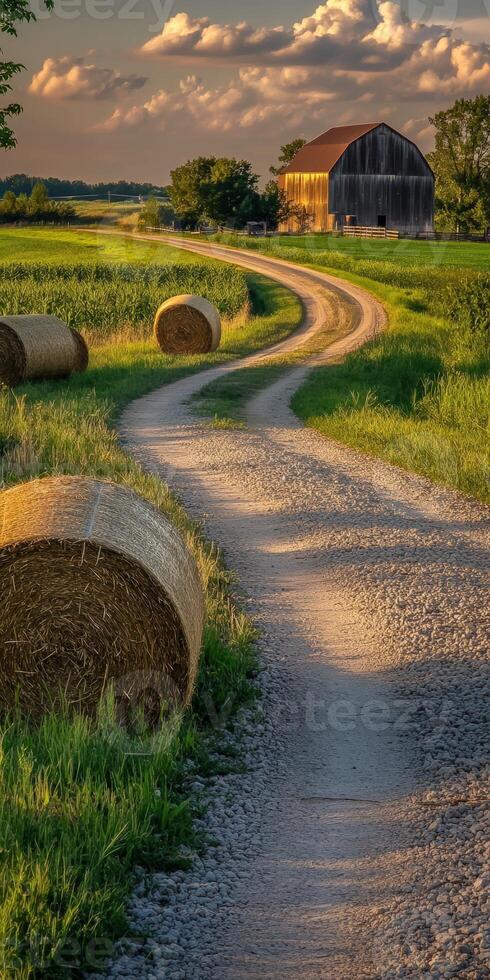 Countryside pathway with hay bales under sunset sky photo