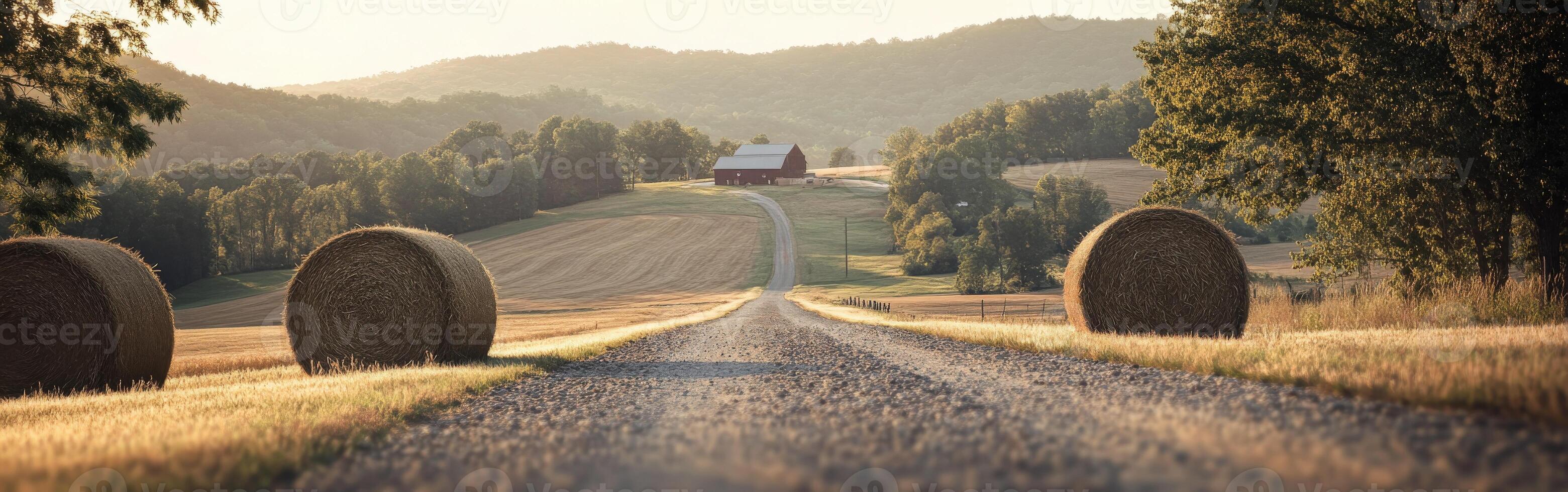 Countryside road leading to barn at sunset photo