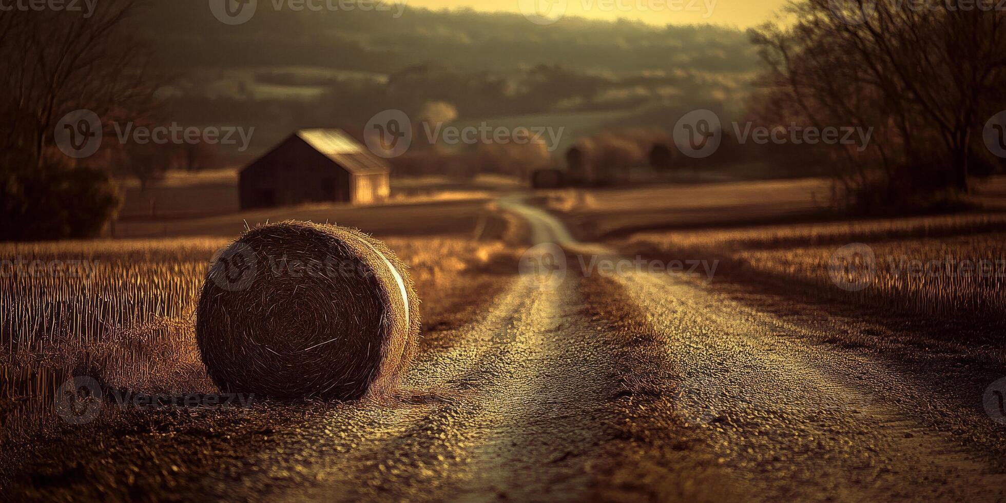 Scenic countryside road with hay bale at sunset photo