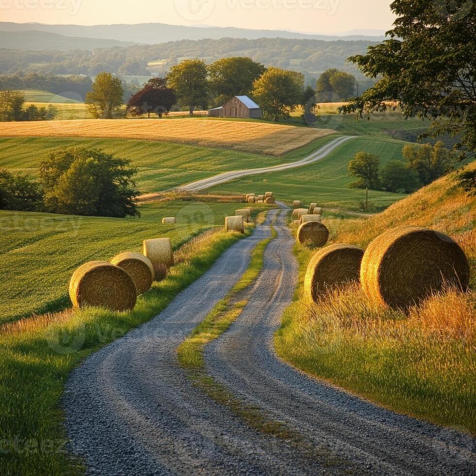 Rolling hills and hay bales create tranquil countryside view photo