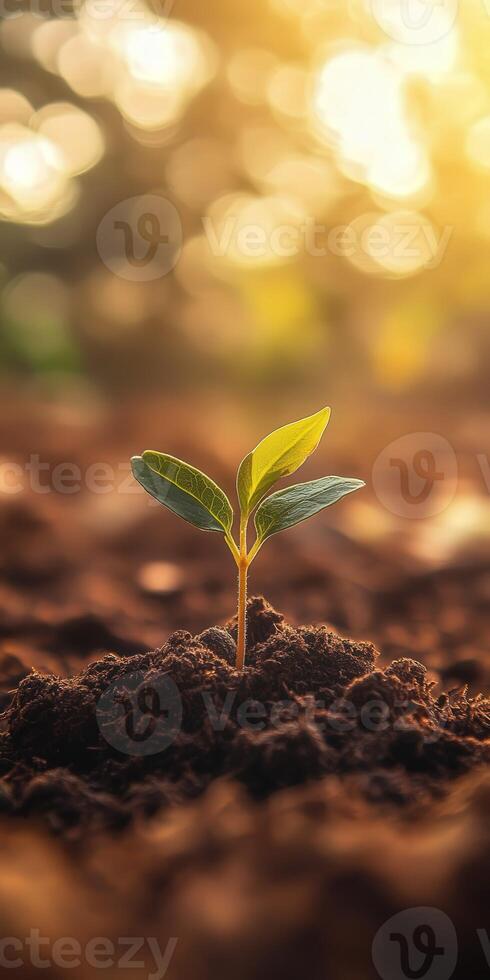 New plant sprout emerging from fertile soil at dusk photo