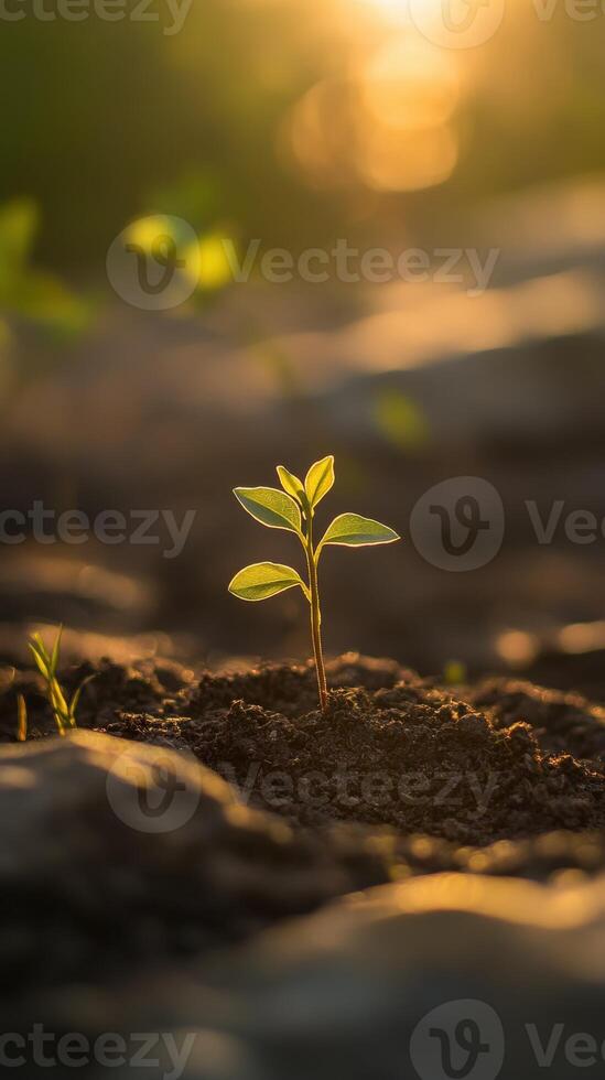 New plant sprout emerging in soft sunlight at dawn photo