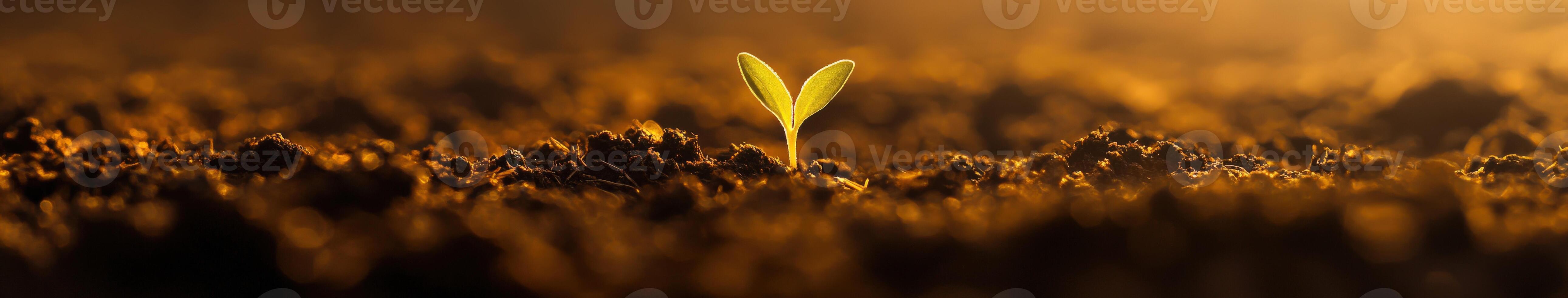 Small seedling emerges from rich soil at sunrise photo