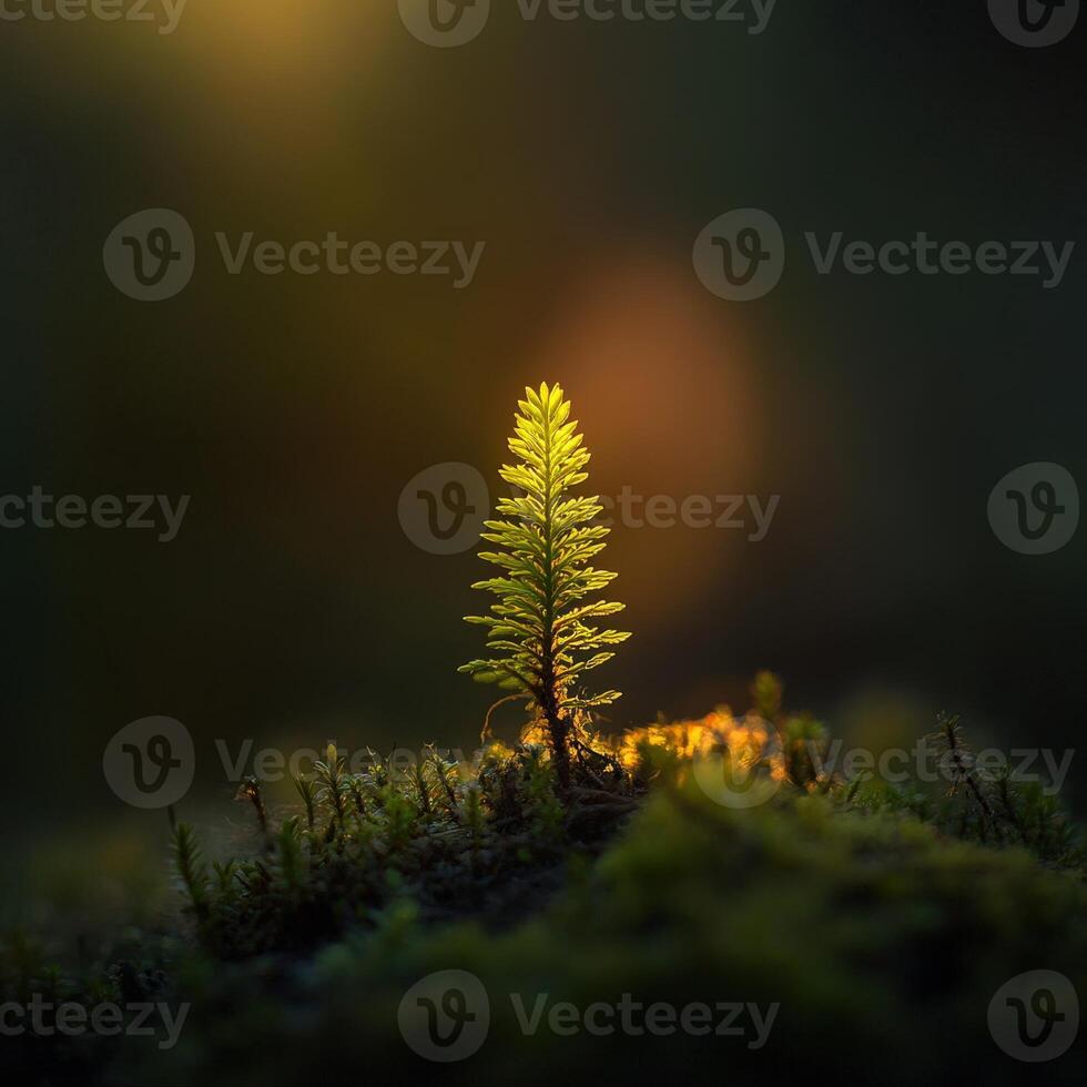 Small fern illuminated by soft light in a dark setting photo