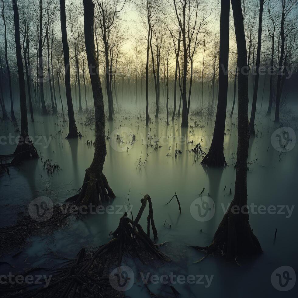 Mystical twilight in a misty forest landscape photo