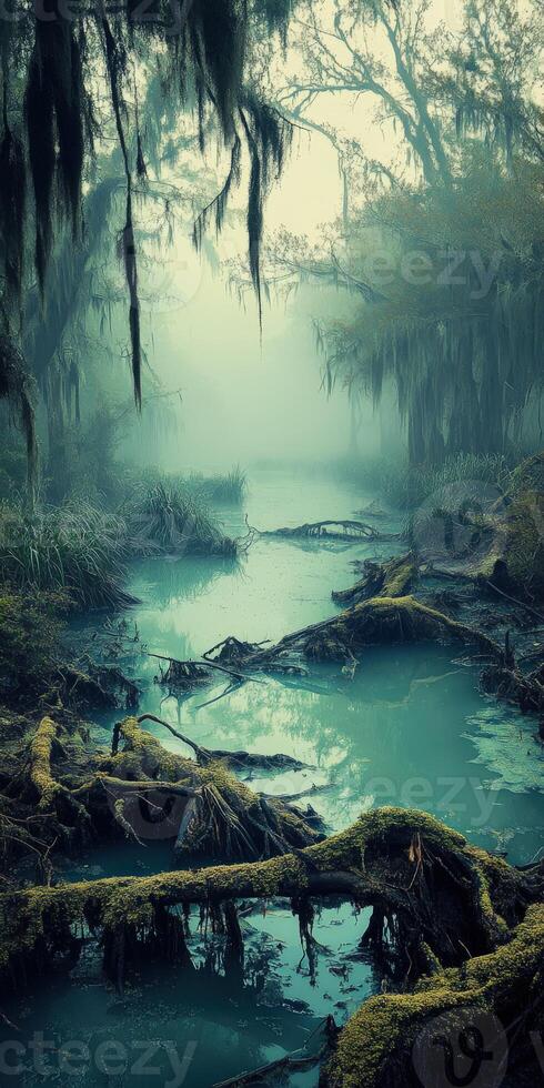 Misty swamp with water and trees in the early morning photo