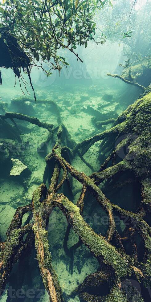 Explore the enchanting underwater roots in a serene forest photo