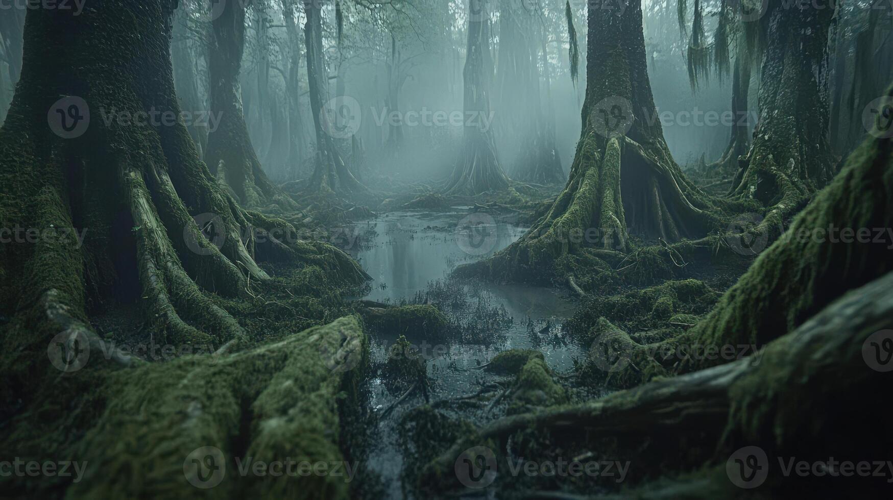 Mysterious swamp landscape enveloped in mist photo