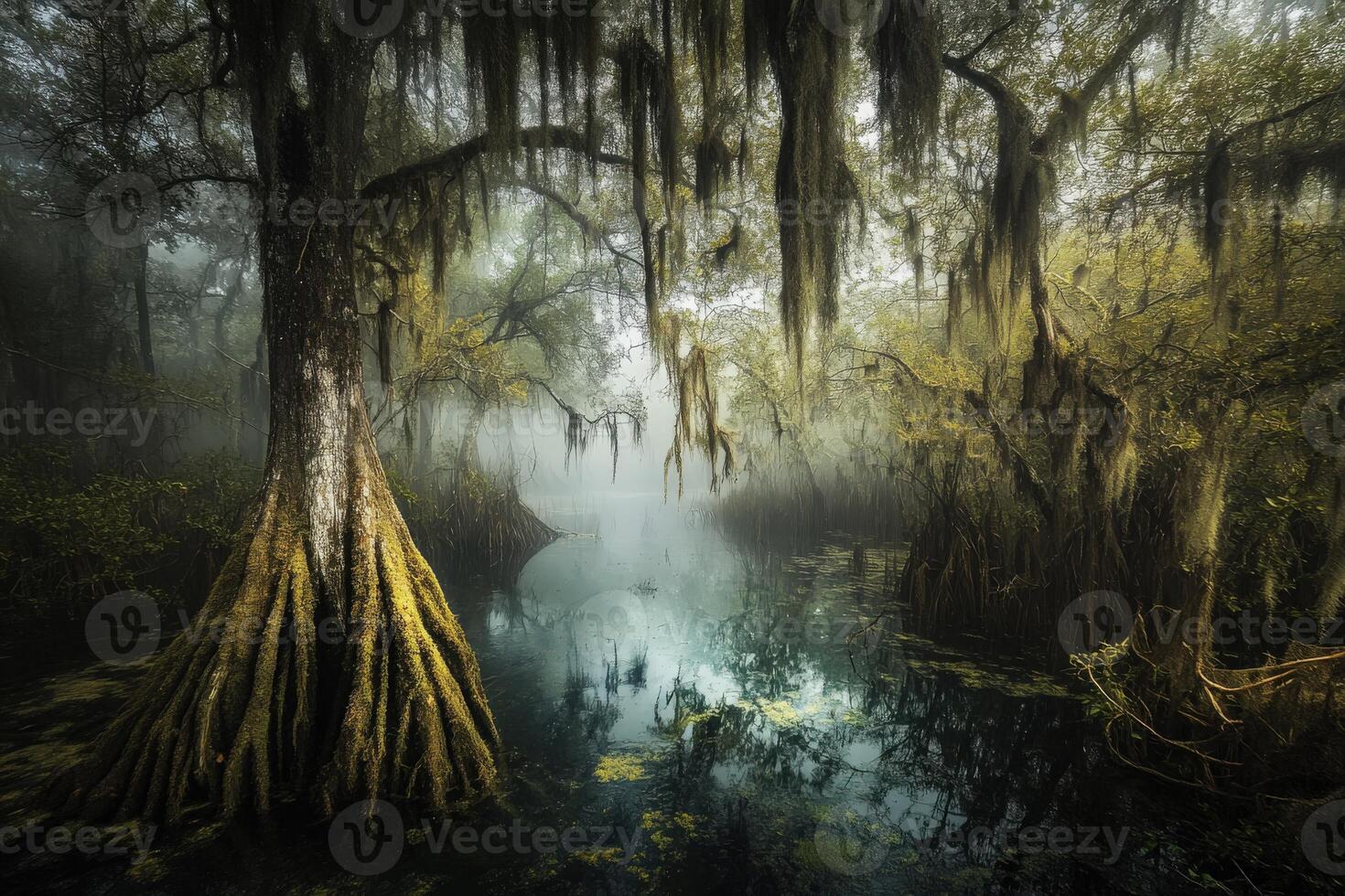 Misty morning in a serene wetland forest photo
