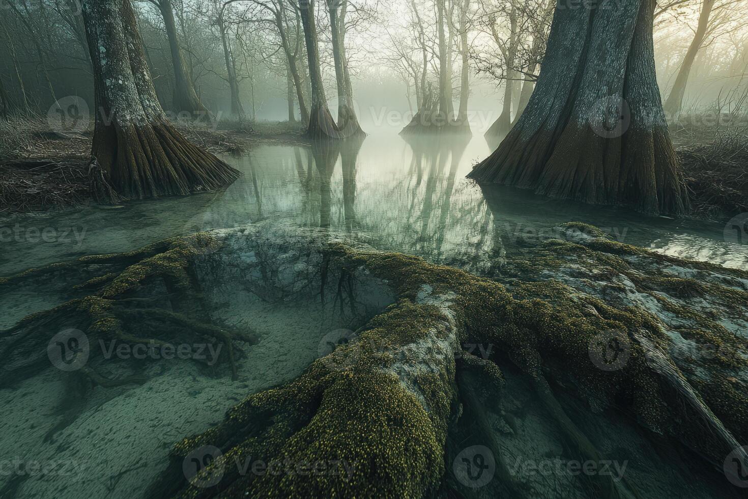 Misty morning in a serene wetland area with cypress trees photo
