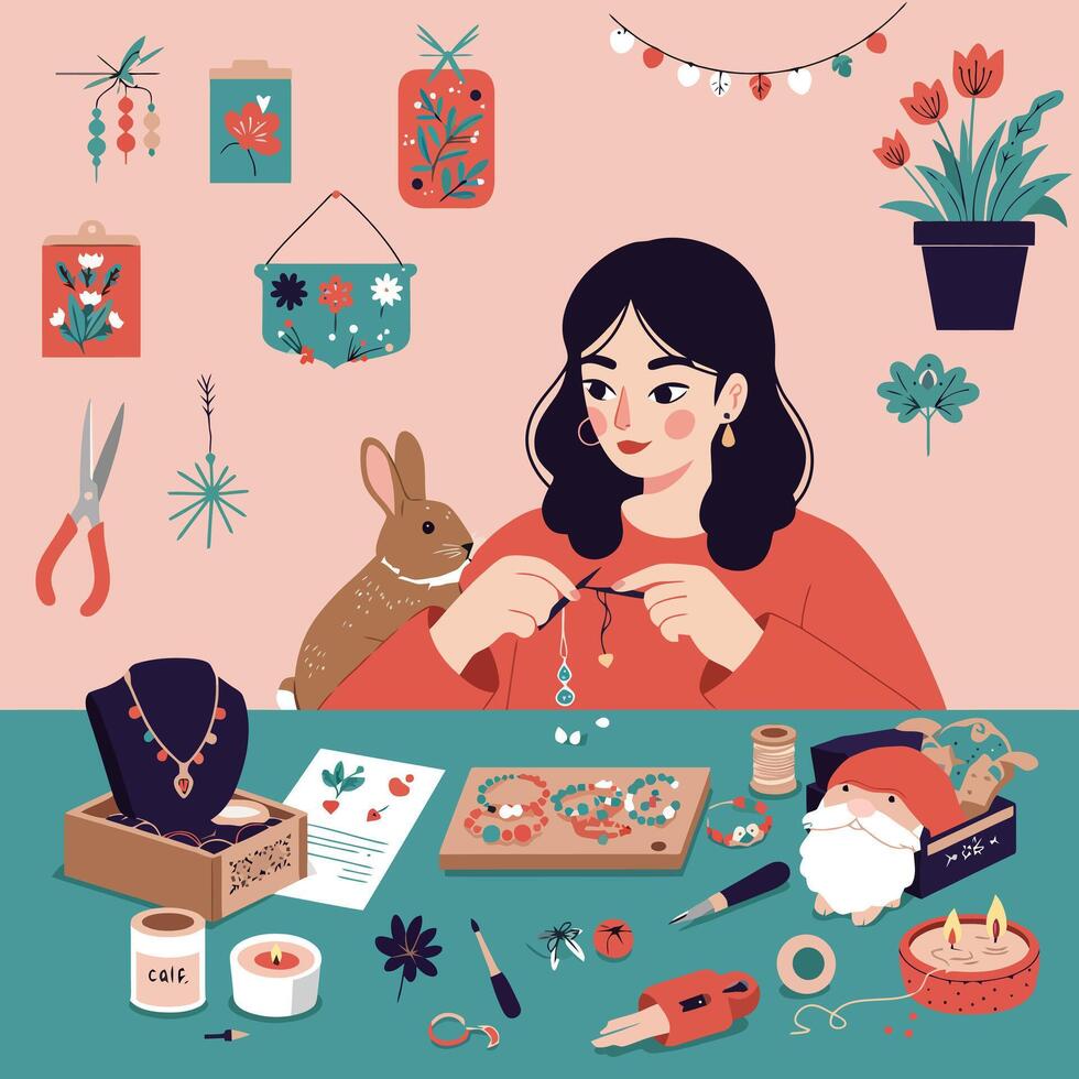Woman Creating Jewelry at Home with Rabbit and Craft Supplies vector
