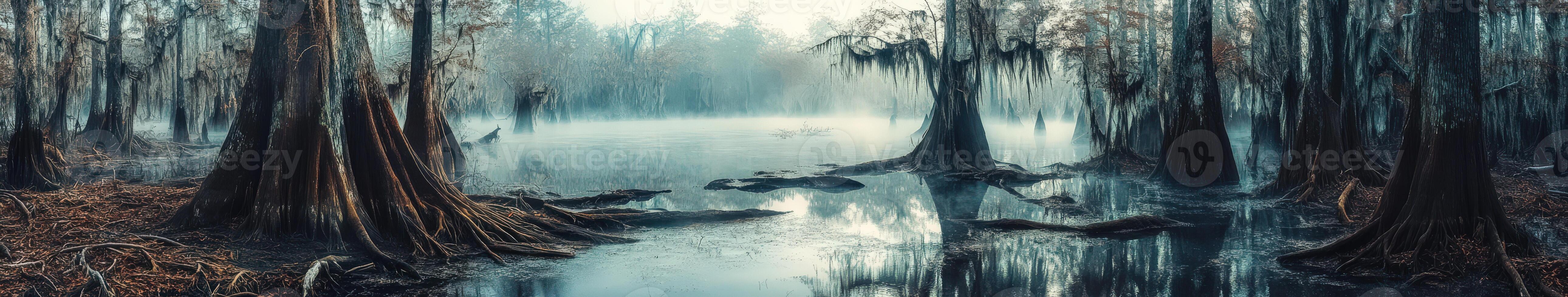 Misty morning in a tranquil swamp landscape photo