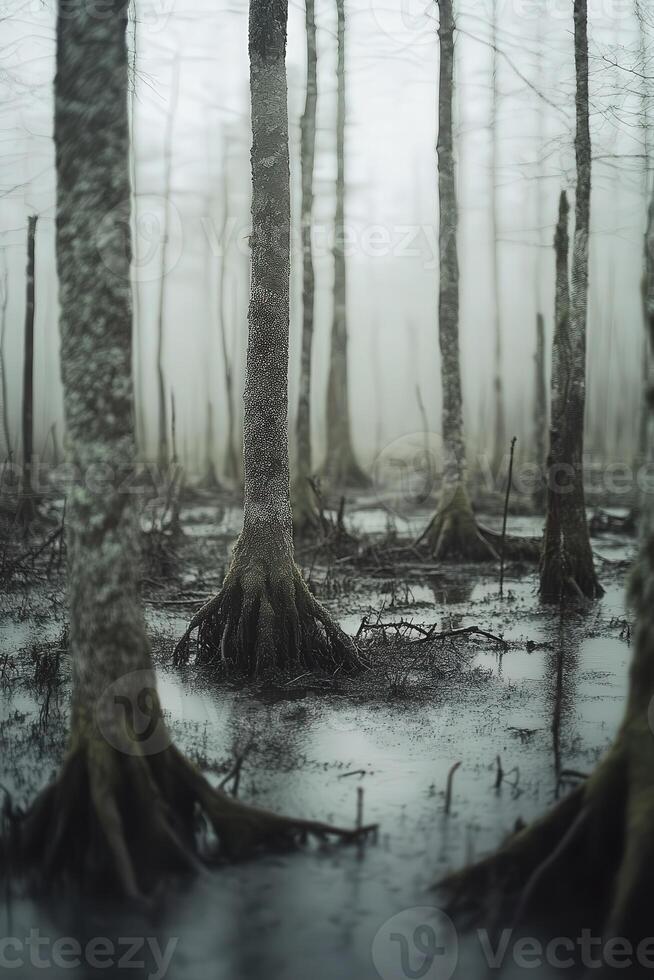 Mysterious swamp landscape with fog and tall trees photo