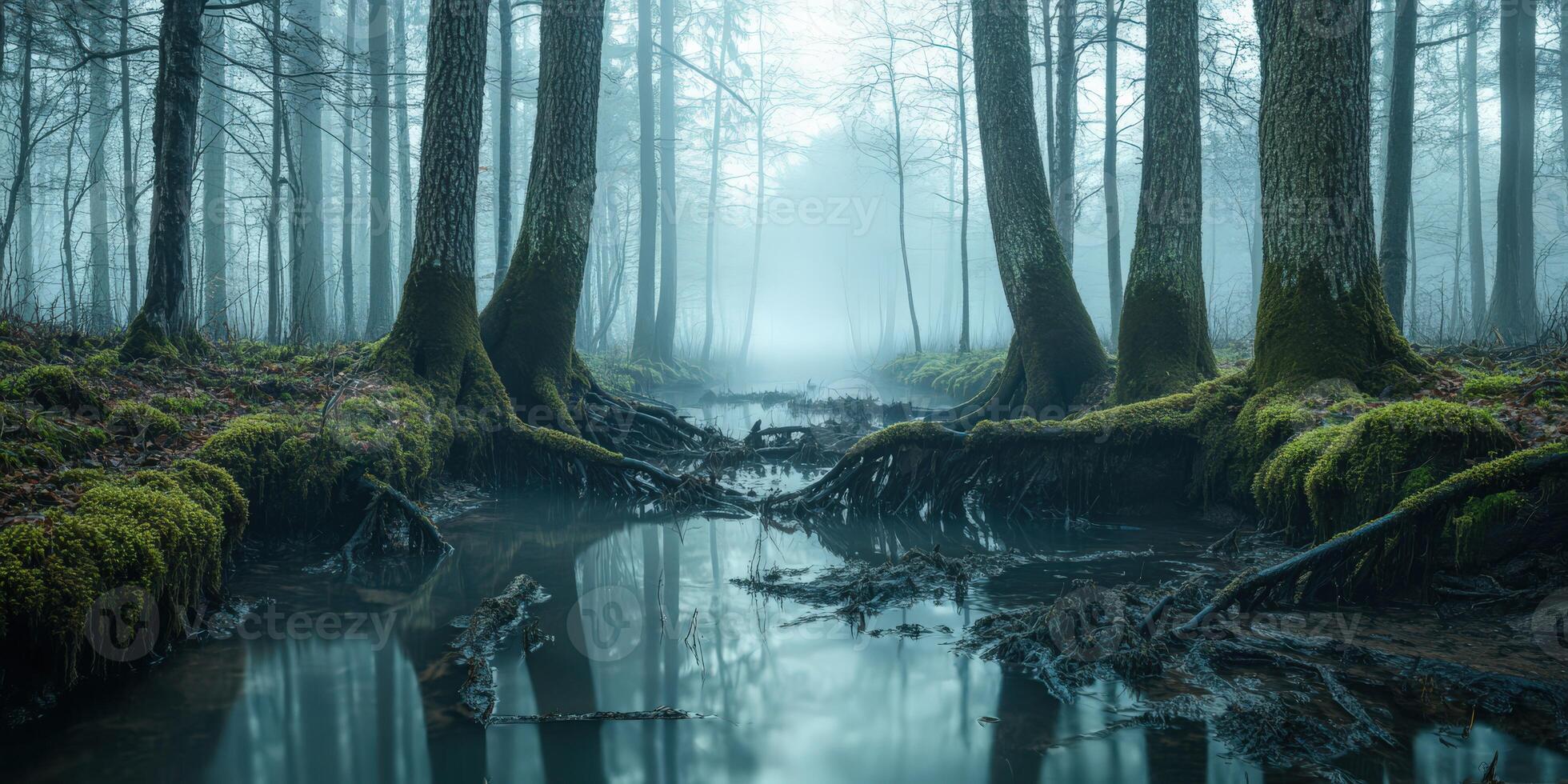 Misty forest creek surrounded by trees in early morning photo