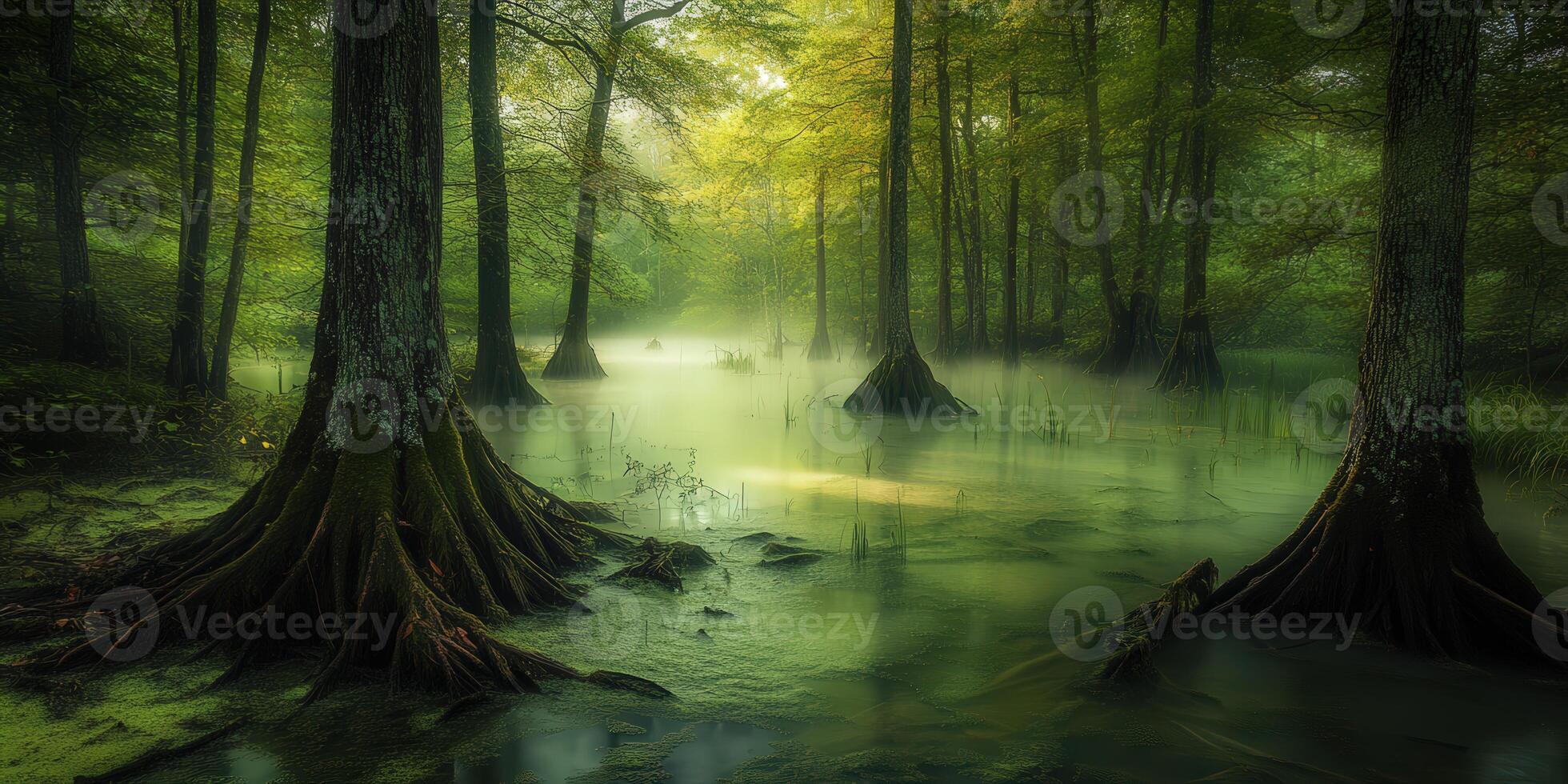 Lush green swamp with mist in early morning light photo