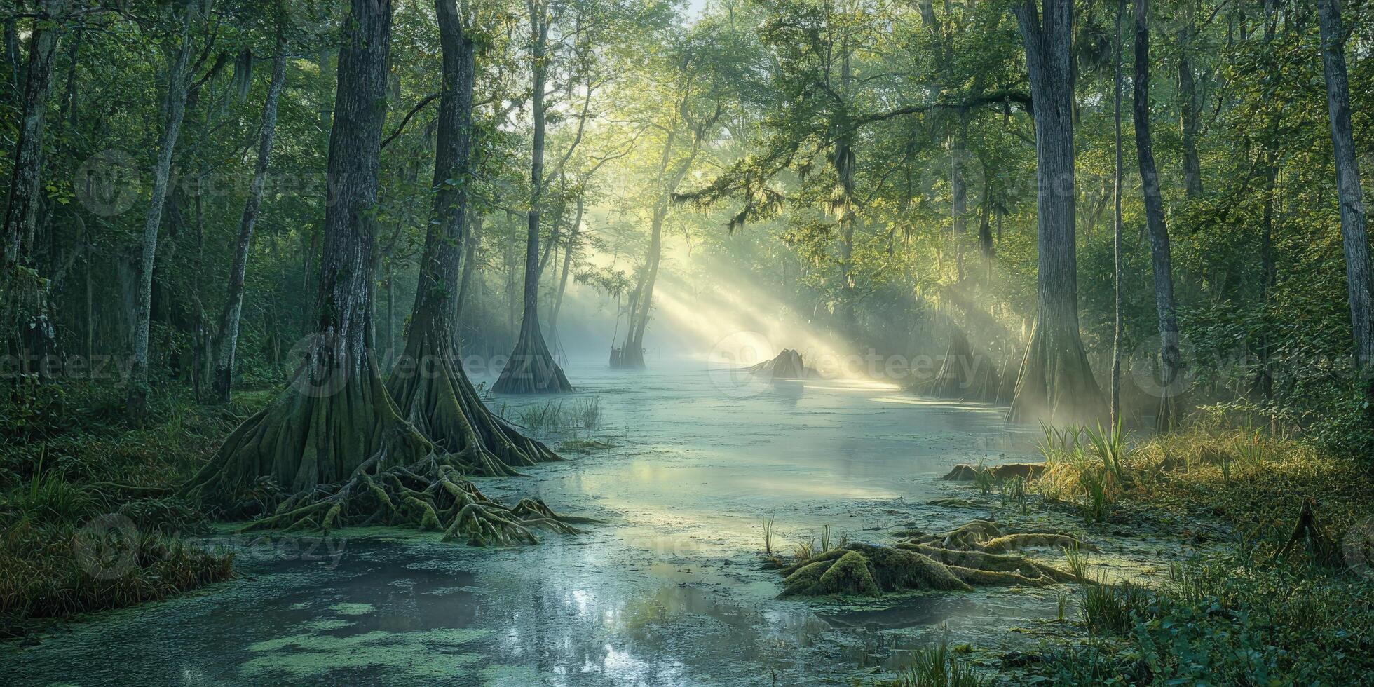 Morning light filters through a serene swamp photo
