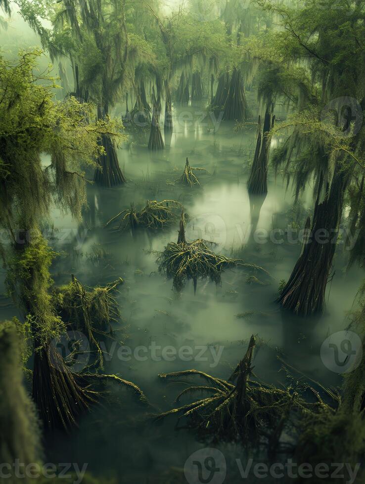 Mysterious swamp landscape with cypress trees at dawn photo