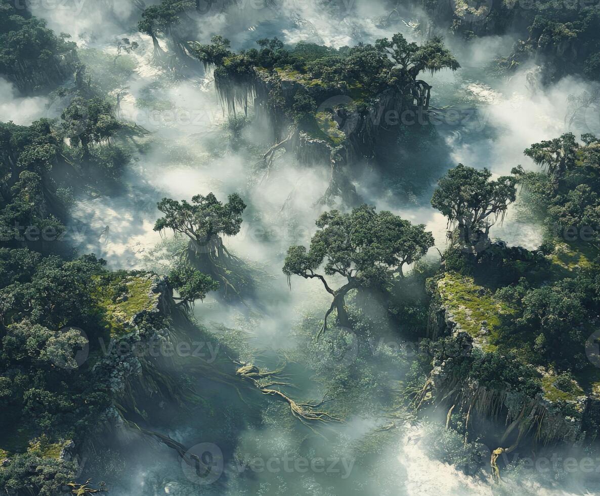 Lush misty landscape with ancient trees in fog photo