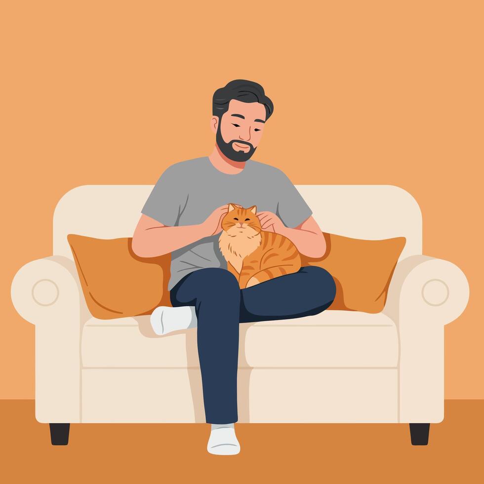 Man Petting Orange Tabby Cat on Sofa Relaxing Indoors Together vector