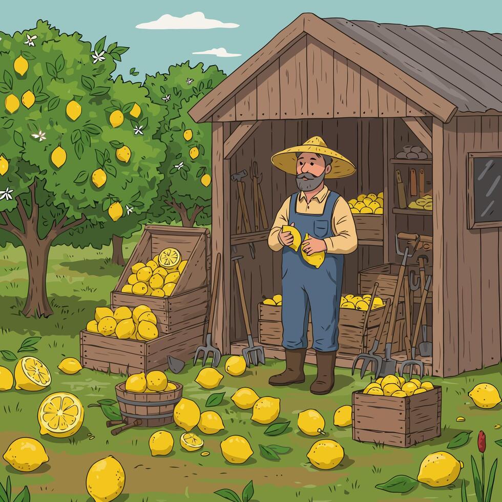 Farmer Harvesting Lemons in Orchard with Shed and Tools Illustration vector