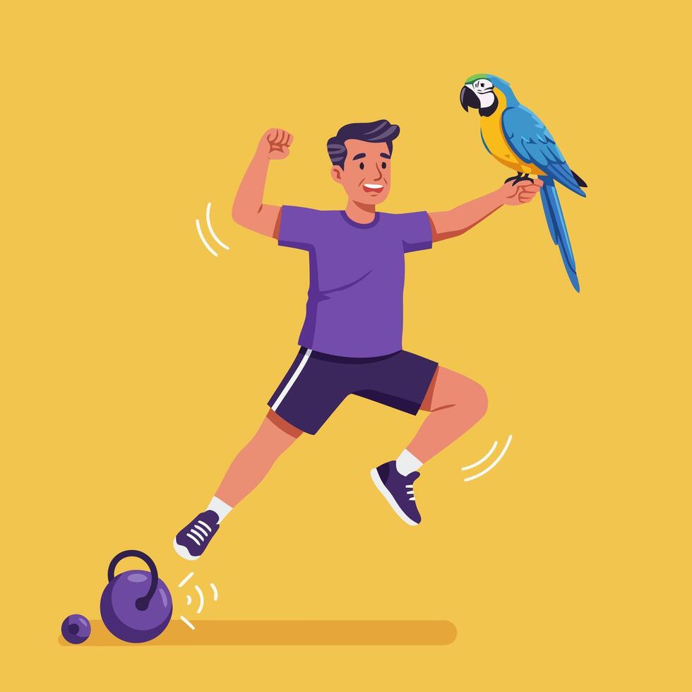 Man Exercising with Parrot and Kettlebell for Fitness Inspiration vector
