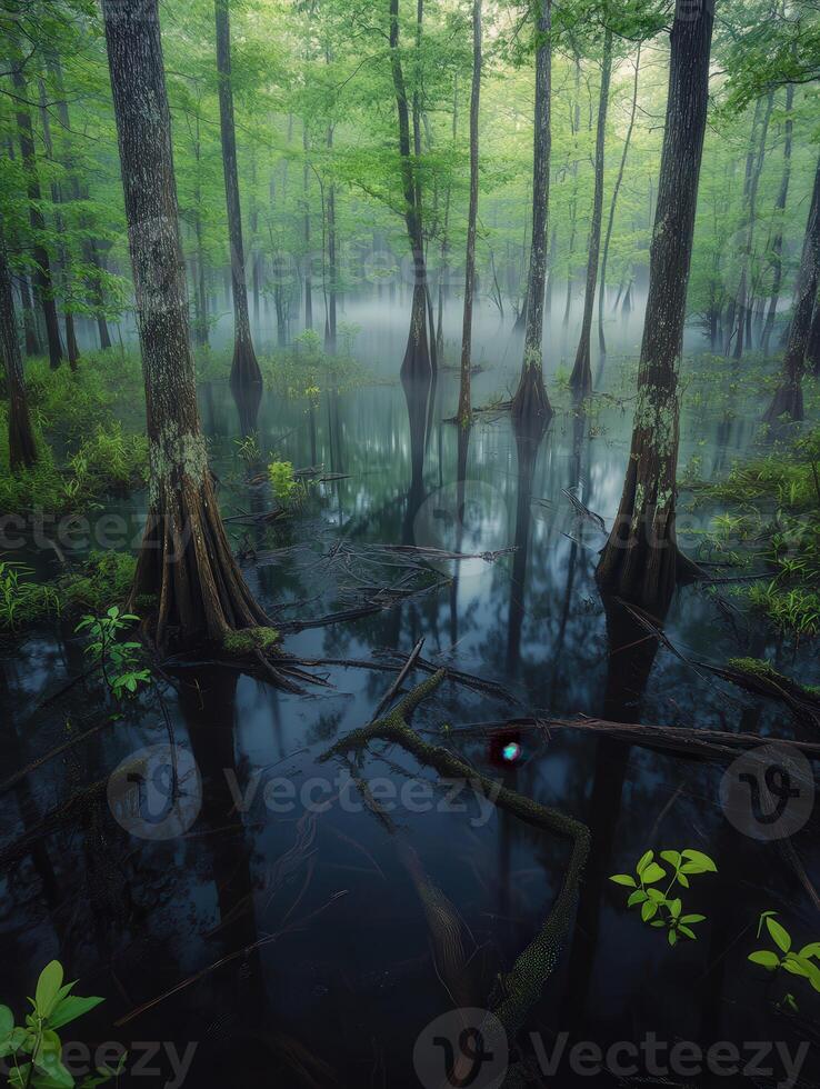Misty cypress swamp at dawn in serene landscape photo